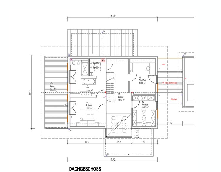 Der Grundriss des OGs des modernen Holzhauses mit Mischfassade aus Holz und Putz und komfortabler Ausstattung