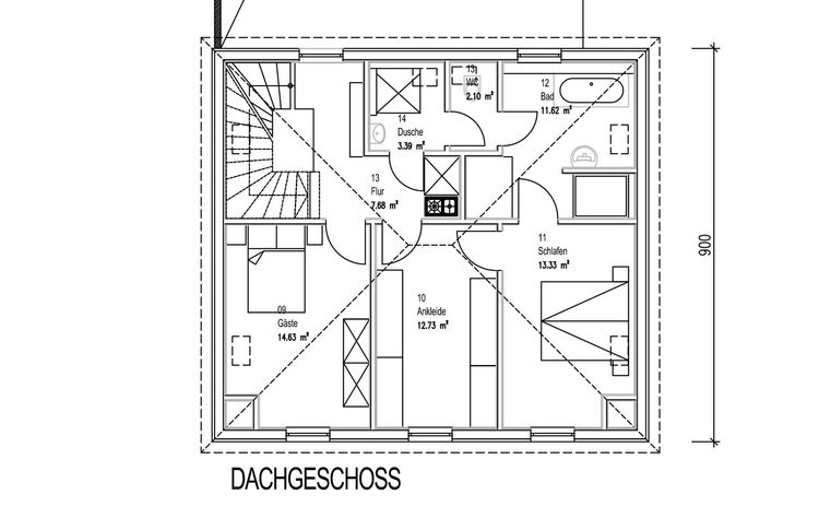 Der Grundriss des OGs des modernen Holzhauses in barockem Stil mit Masard-Walmdach und mineralischem Außenputz